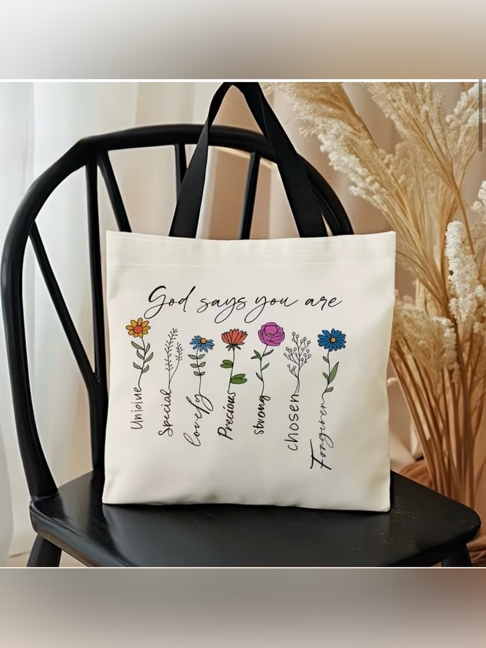 Canvas Floral 'God Says You Are' Tote Bag in Cream - Picture 10 of 10